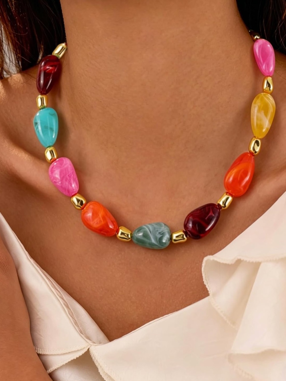 Anthropologie Multicolor Resin Teardrop Necklace with Gold Beads - Picture 5 of 6